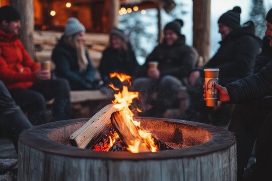 cozy Après Ski scene with people gathered around an outdoor fire pit, hot drinks in hand, minimal background with copy space