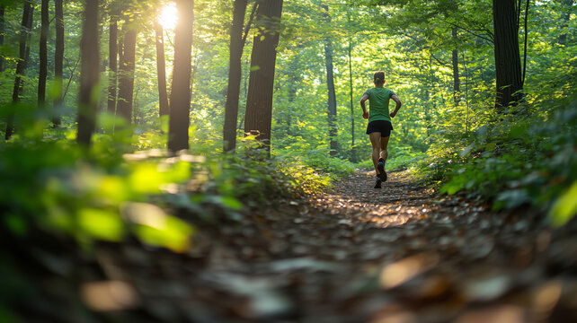 A mindful runner embraces nature on a tranquil forest trail at sunrise