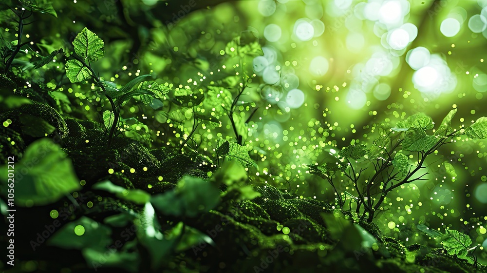 Poster green technology-themed image of a virtual server network, organic data structure design resembling 