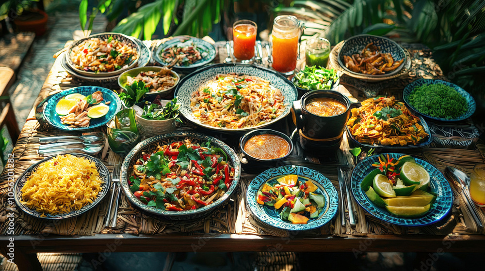 Poster An inviting spread of colorful dishes is arranged neatly on a table surrounded by greenery, perfect for a relaxing meal with friends