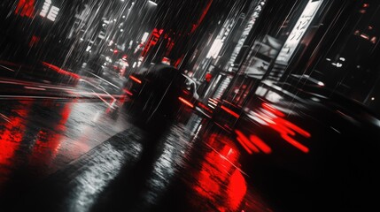 Naklejka premium Dramatic nighttime urban scene capturing heavy rain, blurred lights, and wet streets with striking red and black contrasts, illustrating a cinematic city atmosphere.
