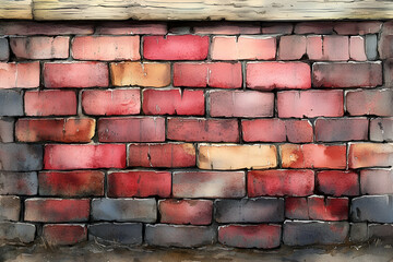A textured wall made of red and gray bricks, showcasing various shades with visible mortar lines and weathering.