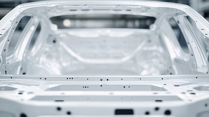 A sleek, white car chassis interior is shown, showcasing the structural framework in a modern manufacturing environment.