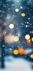 Fototapeta premium Feeling the winter magic in a snowy city with blurred lights and falling snowflakes