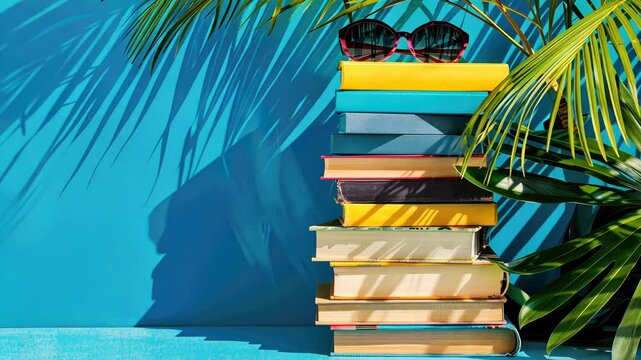 A vibrant stack of books sits next to stylish sunglasses and green tropical leaves against a bright blue backdrop, creating a relaxing atmosphere