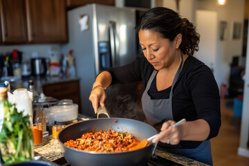 Latina Woman Preparing Fresh Enchiladas in Sunlit Kitchen 