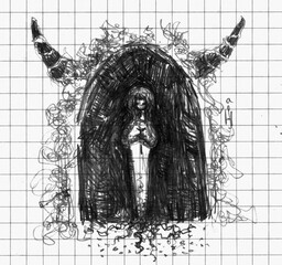 A detailed pencil sketch of a girl with horns in a dark passage, combining gothic and tattoo-inspired art. Perfect for dark fantasy, gothic, and original tattoo designs.