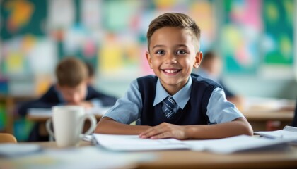 young male student at a Catholic school setting, learning and progressing in classroom activities