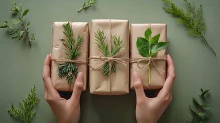 A person holds three neatly wrapped gifts adorned with fresh herbs and twine on a green background