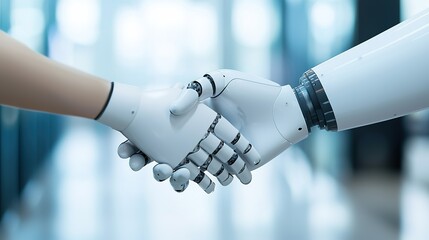 A robot hand shakes hands with a human hand, symbolizing collaboration between technology and humanity.