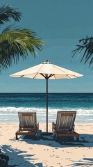 Relaxing beach chairs under an umbrella facing a tranquil ocean on a sunny day