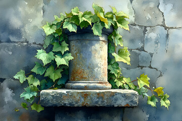 A weathered stone pedestal adorned with vibrant green ivy against an aged, textured wall.