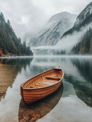 Fototapeta premium Tranquil Wooden Boat on Misty Mountain Lake