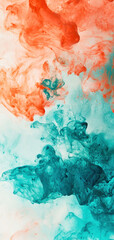 Turquoise and coral ink drops create a serene abstract pattern in water for vibrant wallpaper design