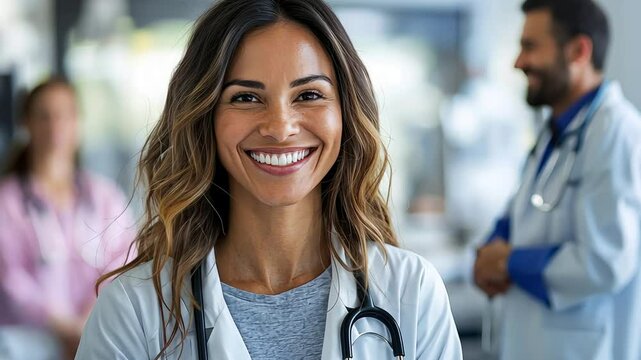 A joyful healthcare worker engages warmly with patients while showcasing dedication and compassion within a busy medical environment