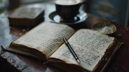 Obraz premium Aged notebook with text on pages and coffee image. Old notes in open notepad on table photography scene wallpaper. Reading diary from past times concept photorealistic photo