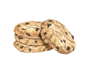 Stack of four home made chocolate chip cookies isolated on white background. Watercolor hand drawn illustration