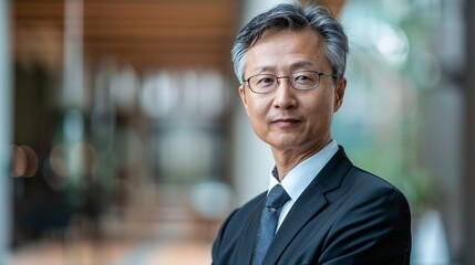Senior asian man commercial company ceo image copy space. Mature businessman in company office banner background blurred. Experience in business concept photography copyspace
