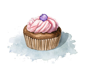 Chocolate muffin with pink cream and berry blueberry isolated on blue spot. Watercolor hand drawn illustration