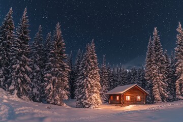 Naklejka premium winter cottage core - small wooden rustic cabin with tin roof, surrounded by tall, snow-covered fir trees under a starry sky, minimal background with copy space
