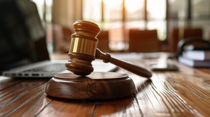 Court gavel and laptop on judge desk image copy space. Justice and law enforcement banner background blurred. Legislation authority attributes concept photography copyspace