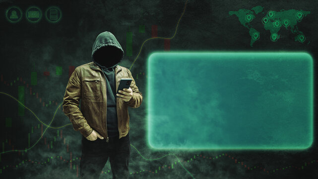 Faceless, anonymous hacker in a hoodie and leather jacket standing with a smartphone against a dark background featuring a forex or trading chart. Empty space for text, copy space