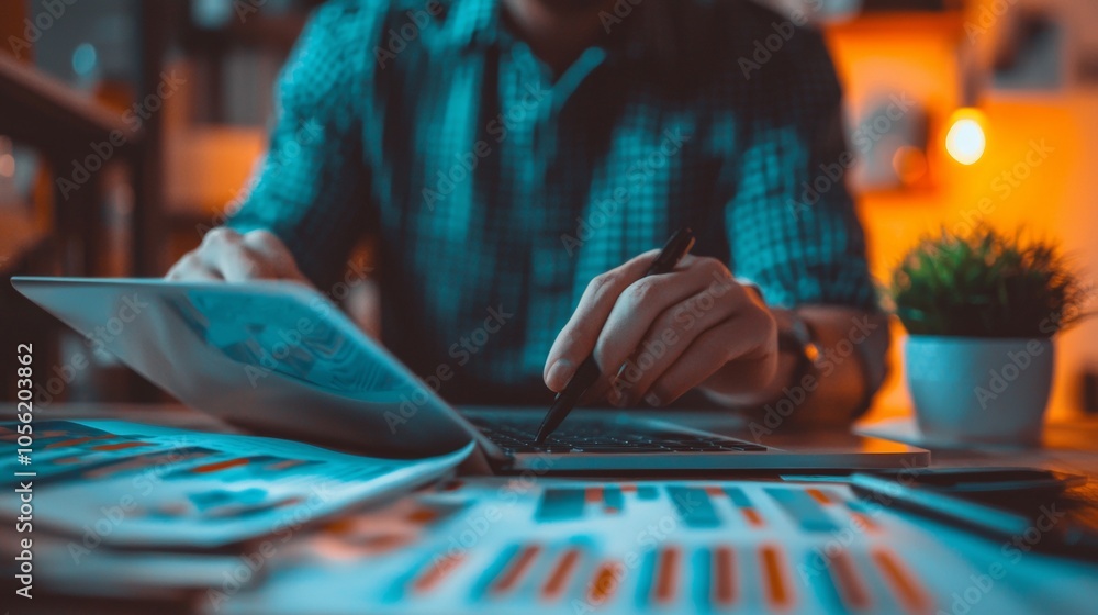 Poster close-up of hands working on a laptop with documents and graphs