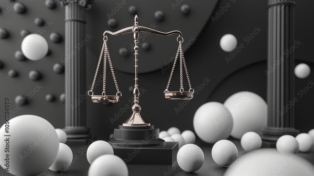 Poster justice scale with babbles and columns composition 3d rendering image. fair judgement ceremonial acc