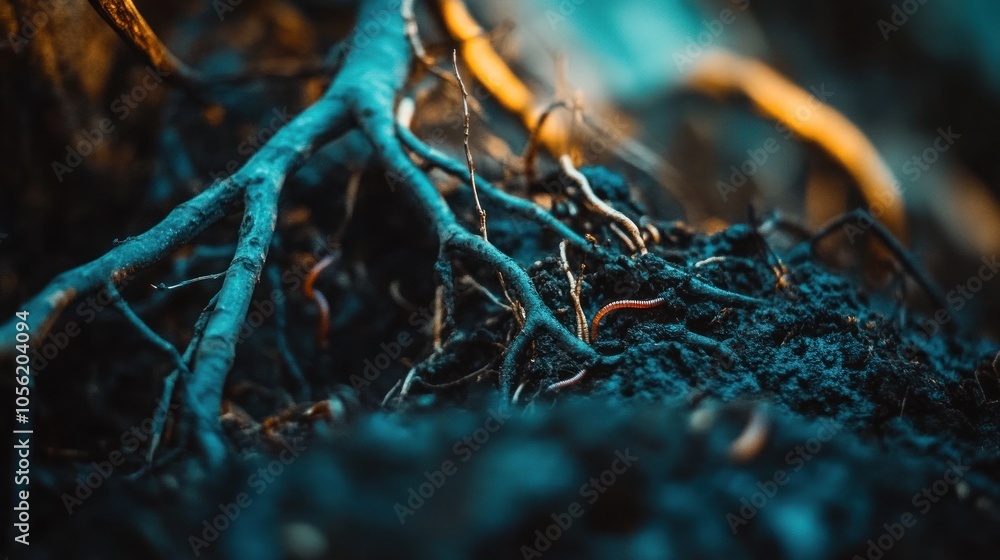 Poster close-up of tree roots in the soil, showing intricate details and textures.