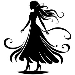 Elegant female silhouette with wind-blown hair and flowing dress, high heels graceful figure in black embodying poise and confidence for chic modern fashion prints, beauty decor, feminine wall art