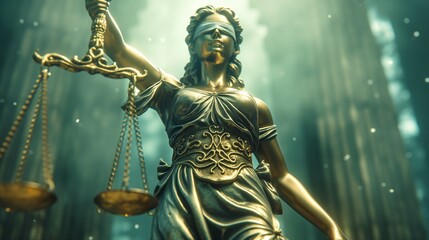 Justice lady with balance scales bronze statue 3d rendering image. Legal judgement mythological goddess background wallpaper colorful realistic. Court service concept idea
