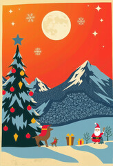 Naklejka premium The image is a stylized illustration depicting a festive Christmas scene with a full moon, snowflakes, a decorated Christmas tree, a Santa Claus figure, and a reindeer.