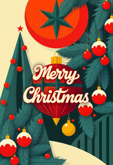 Naklejka premium The image is a stylized Christmas-themed graphic featuring a tree with red and white ornaments, a star, and a large red circle with a green star.