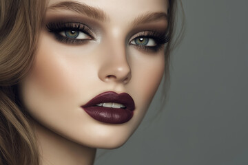 closeup of a young woman with bold smokey eye makeup and dark lipstick, perfect for fashion and beauty concepts