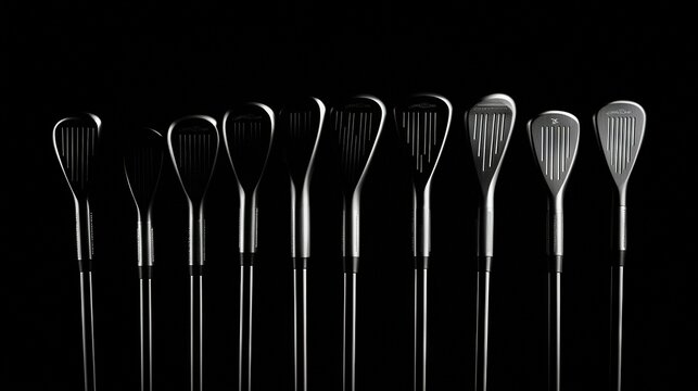   A monochrome snapshot of an array of cutlery aligned on a dark plate, with a mirror image of the utensils reflected in the foreground