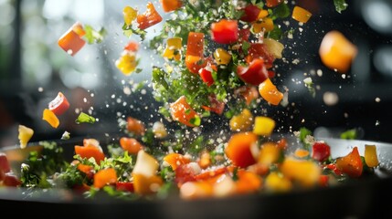 A close-up shot of a black pan with fresh, chopped peppers, greens, and seasonings being tossed into the air during cooking.