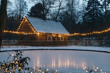 Fototapeta premium christmas cottage core - old-fashioned ice skating pond near a wooden cottage, with fairy lights strung around, minimal background with copy space