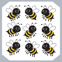 Bee simple logotype icon, Bee silhouette set collection, hand drawn Bee on white background