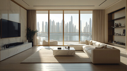 luxury modern living room with dubai skyline view