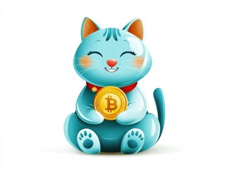 Obraz premium Cute blue cat holding a bitcoin coin a playful blend of pets and cryptocurrency in a colorful illustration, Generative Ai, Lunar New Year, Chinese New Year