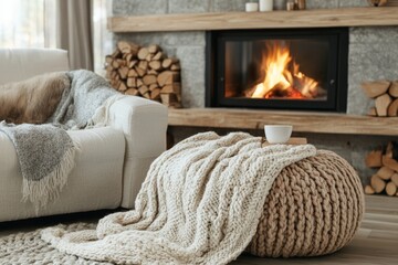 Fototapeta premium christmas cozy interior with a roaring fireplace, hand knitted wool blankets, and rustic wooden furniture, minimal background with copy space
