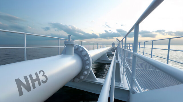 Ammonia pipeline installation on floating platform at sunset. Engineering infrastructure for clean energy transportation and storage. Concept of sustainable fuel solutions and green energy transition