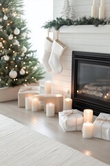 Cozy Christmas setting with candles, gifts, and a beautifully decorated tree by the fireplace
