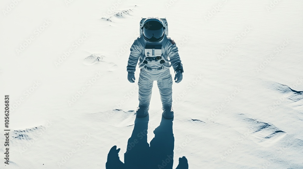 Canvas Prints a minimalistic image of an astronaut standing on a snowy surface, casting a long shadow