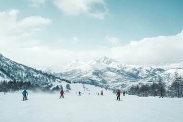 ski resort - skiers and snowboarders on a snowy slope, with dramatic mountain scenery in the background, minimal background with copy space