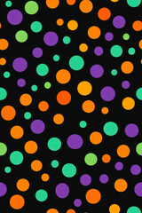 Vertical Seamless vector pattern with orange, green, purple colored polka dots on black.