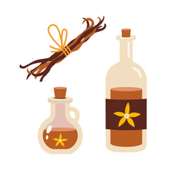 Dried vanilla sticks, syrup and essential oil in bottle. Trendy modern vector illustration isolated on background