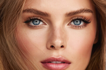 Striking close-up of a woman’s blue eyes framed by soft, natural makeup, highlighting facial beauty and detail. Generative AI