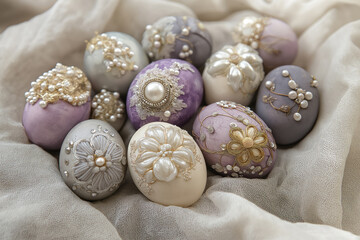 Obraz premium decorated easter eggs with pearls and fine details on soft linen perfect for spring celebrations and holiday decorations