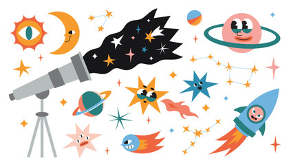 Astronomy and outer space set. Telescope, planets, rocket, comet and stars. Astrological symbols, constellations, moon and sun. Cute funny characters. Trendy modern  isolated vector illustration, flat © WinWinFolly